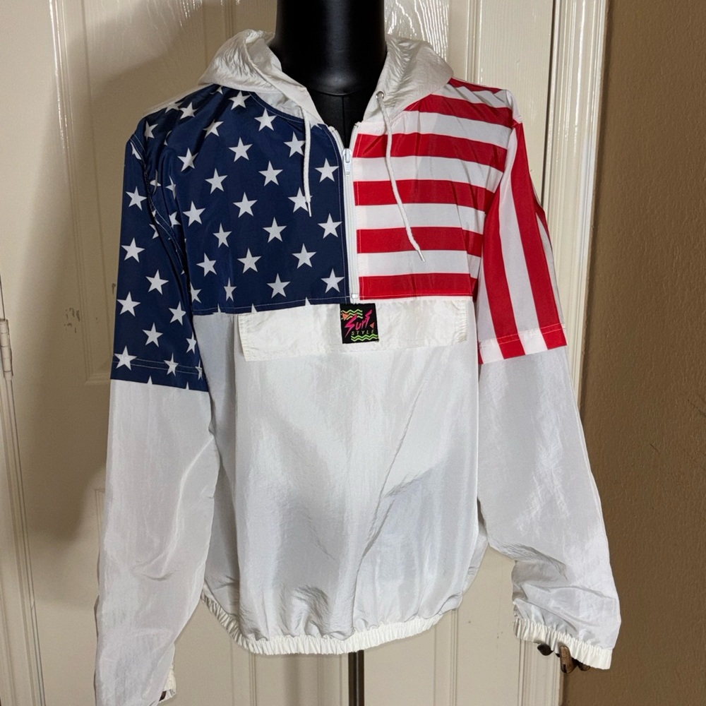 Vintage Surf Style Windbreaker Jacket OSFA Surfer Retro 80s USA Flag Fast Ship